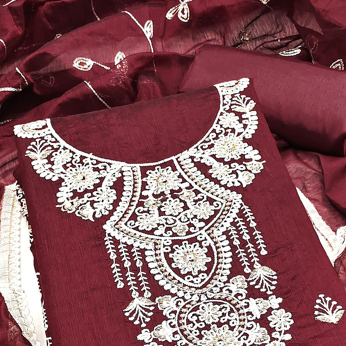 Maroon Floral Embroidered Chanderi Dress Material