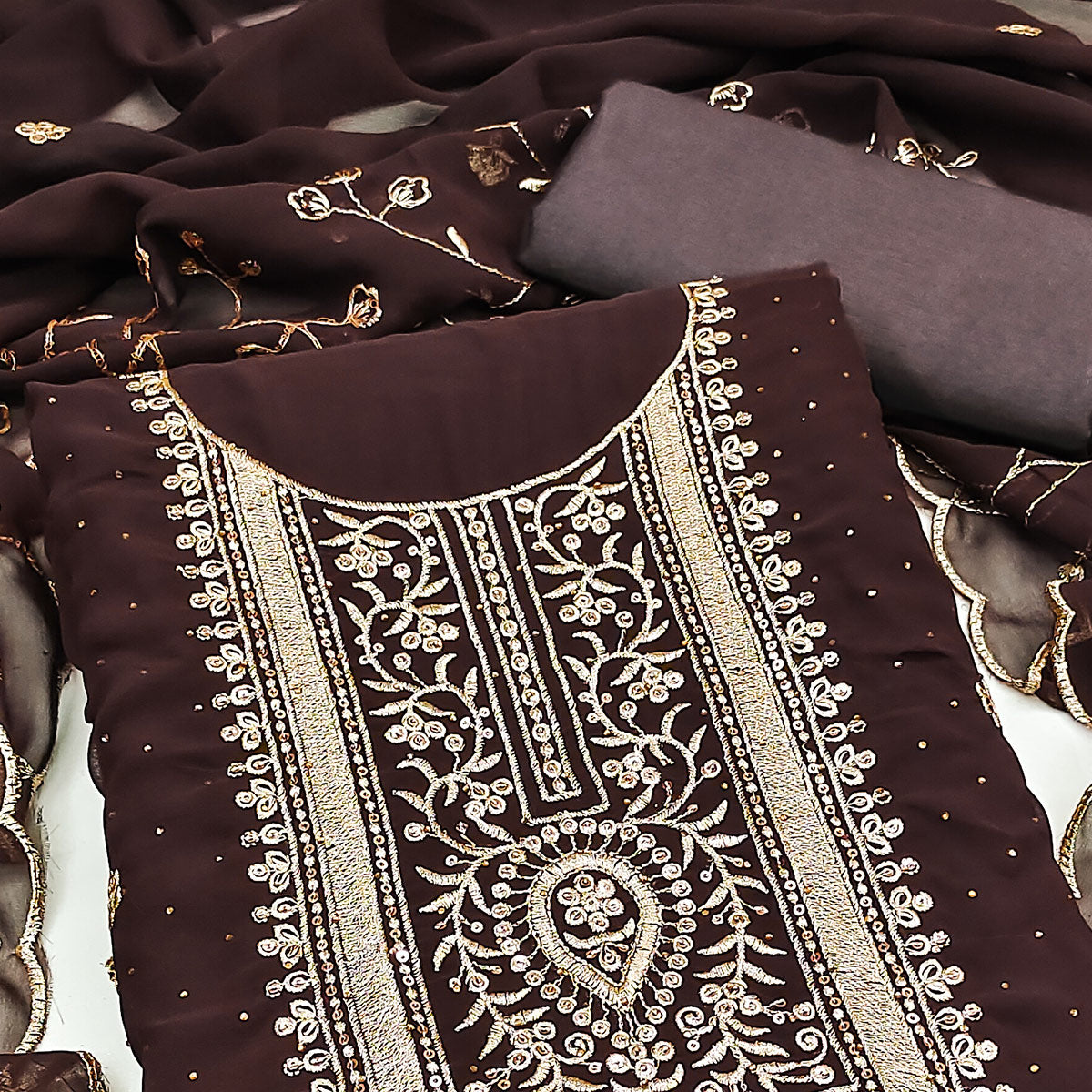 Brown Floral Embroidery With Stonework Georgette Dress Material