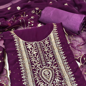 Purple Floral Embroidery With Stonework Georgette Dress Material
