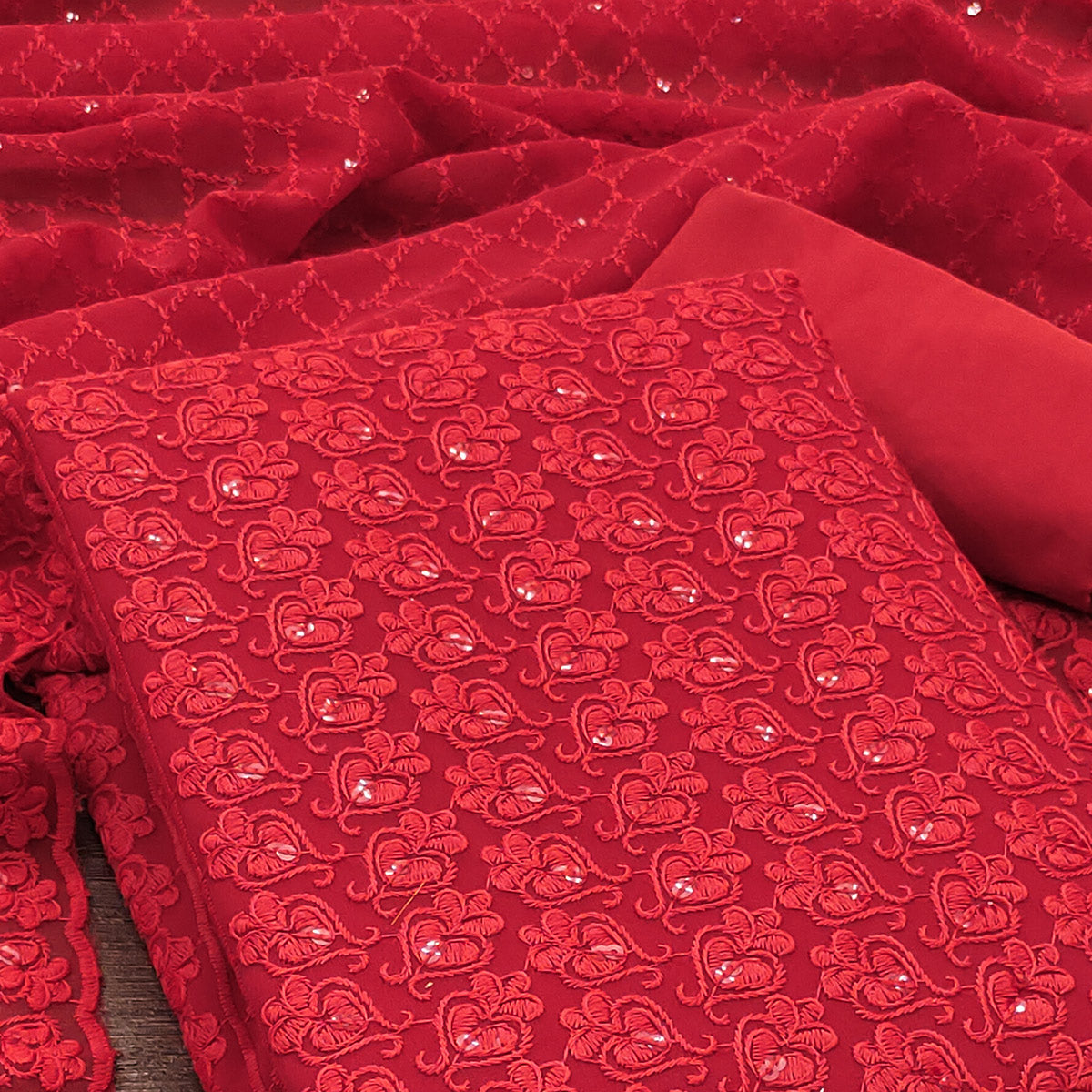 Red Sequins Embroidered Georgette Dress Material