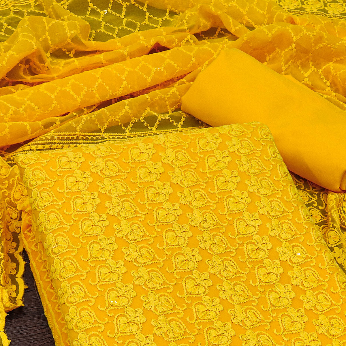 Yellow Sequins Embroidered Georgette Dress Material