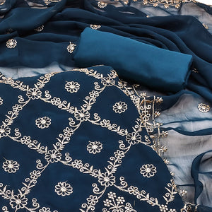 A Mesmerizing Creation Blue Floral Embroidered Georgette Dress Material