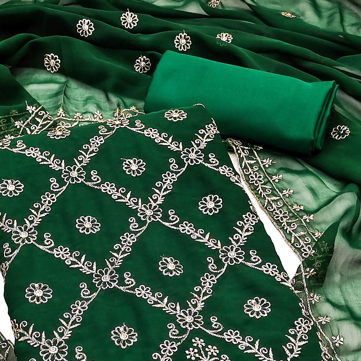 An Ethereal Charm Green Floral Embroidered Georgette Dress Material