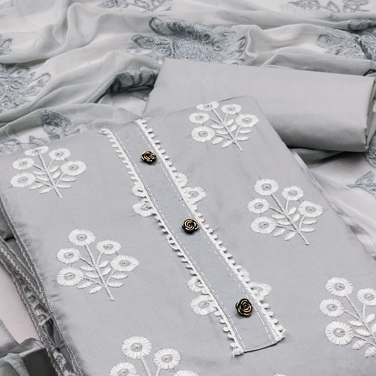 Unleash Your Style with this Grey Floral Thread Embroidered Cotton Blend Dress Material