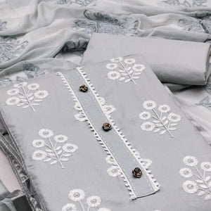 Unleash Your Style with this Grey Floral Thread Embroidered Cotton Blend Dress Material