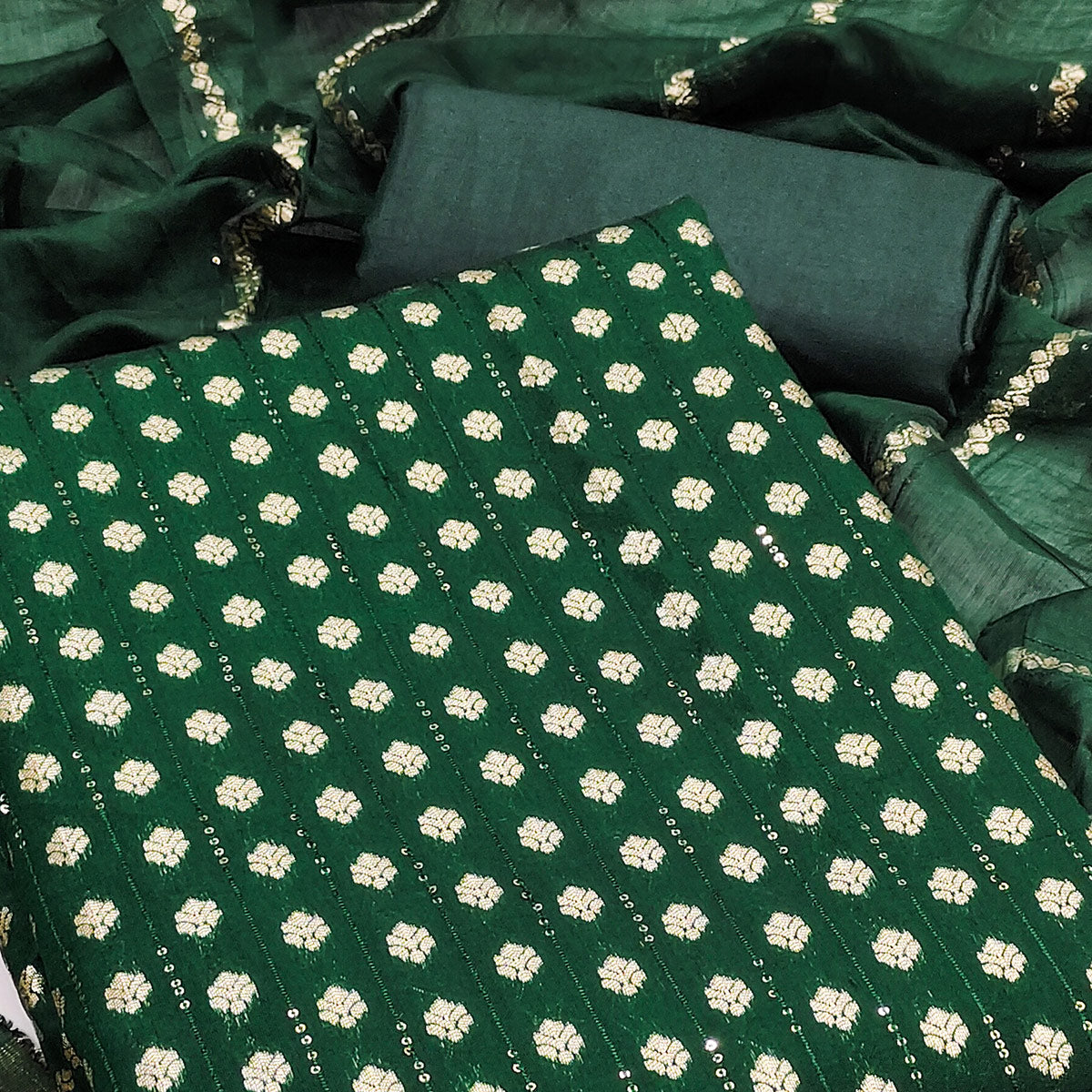 Experience Sheer Luxury Green Floral Woven With Sequins Embroidered Banarasi Jacquard Dress Material