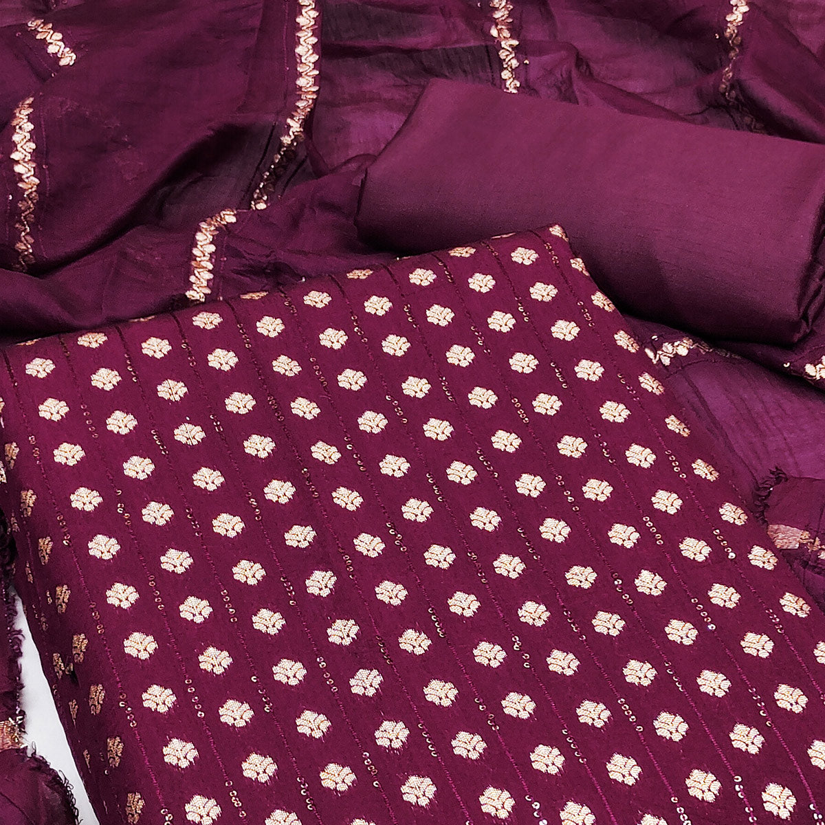 The Perfect Blend of Grace Wine Floral Woven With Sequins Embroidered Banarasi Jacquard Dress Material