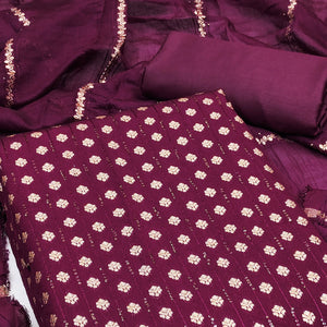 The Perfect Blend of Grace Wine Floral Woven With Sequins Embroidered Banarasi Jacquard Dress Material