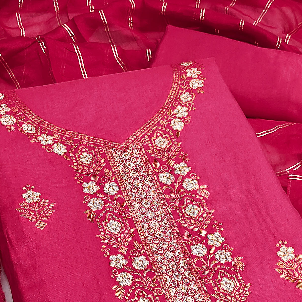 Refreshing Rani Pink Banarasi Jacquard Dress Material Adorned With Ornate Zari Floral Weaves