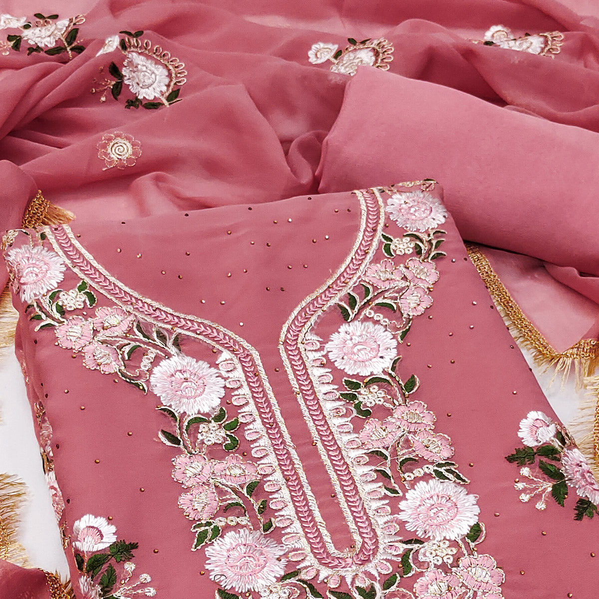 Coral Pink Georgette Dress Material With Exquisite Floral Embroidery & Shimmering Stonework