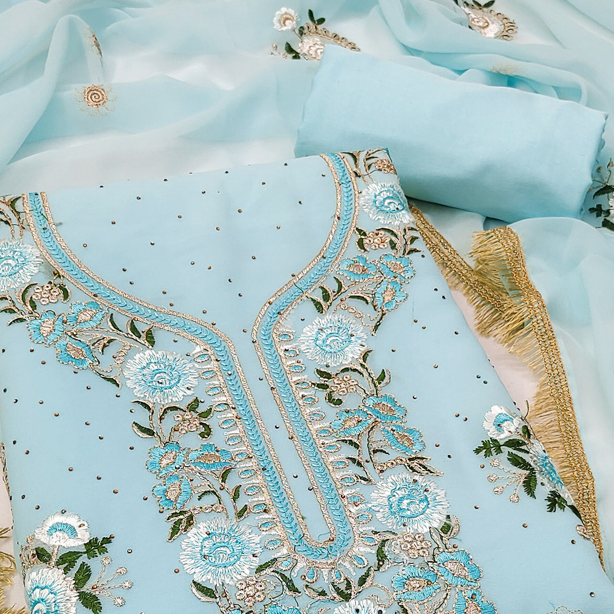 Sky Blue Georgette Dress Material With Exquisite Floral Embroidery & Shimmering Stonework
