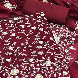 Sophisticated Maroon Chanderi Silk Dress Material With Exquisite Floral Thread Embroidery