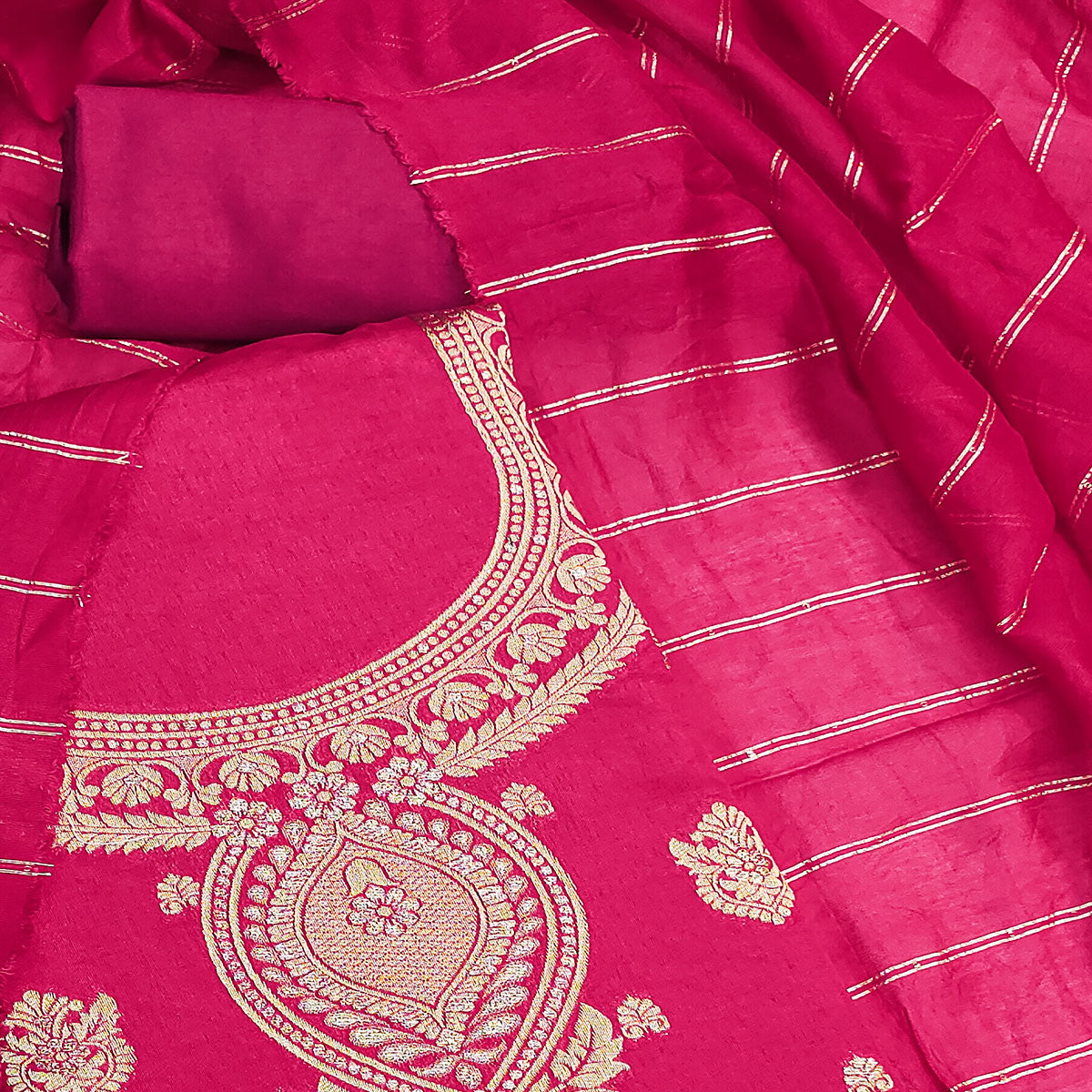 Dark Pink Banarasi Silk Dress Material With Classic Zari Design