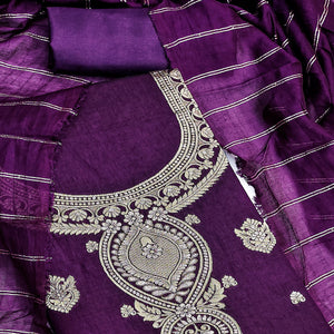Purple Banarasi Silk Dress Material With Classic Zari Design