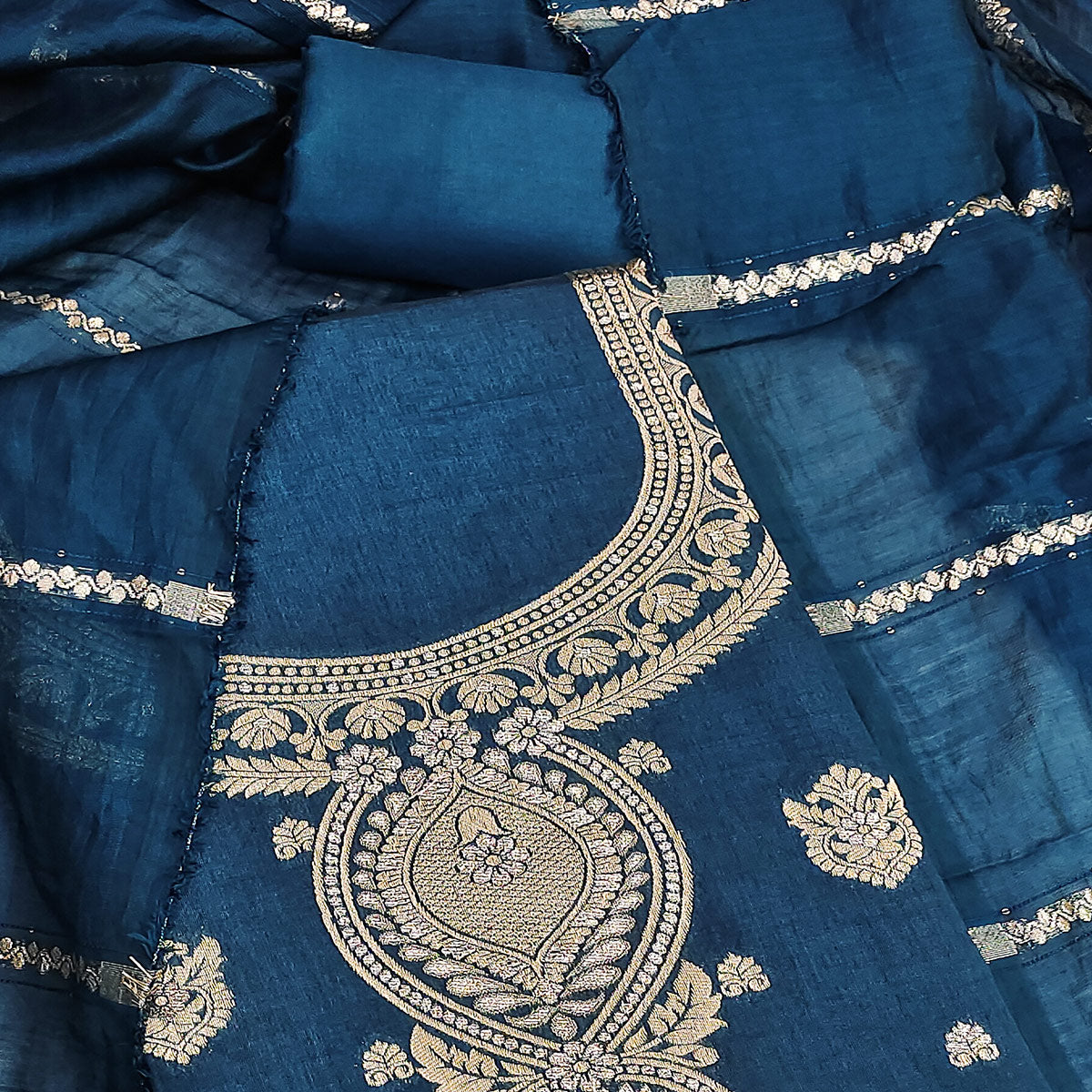 Teal Banarasi Silk Dress Material With Classic Zari Design