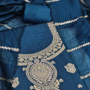 Teal Banarasi Silk Dress Material With Classic Zari Design