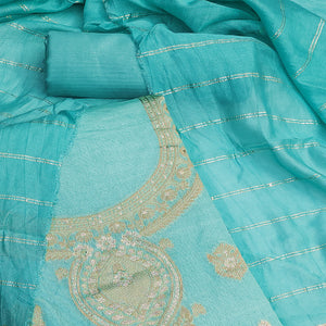 Turquoise Banarasi Silk Dress Material With Classic Zari Design