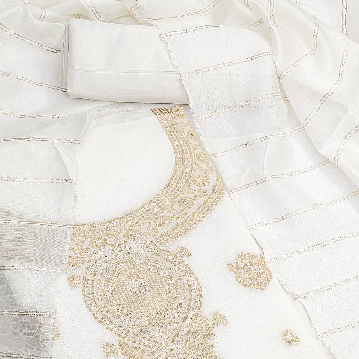 White Banarasi Silk Dress Material With Classic Zari Design