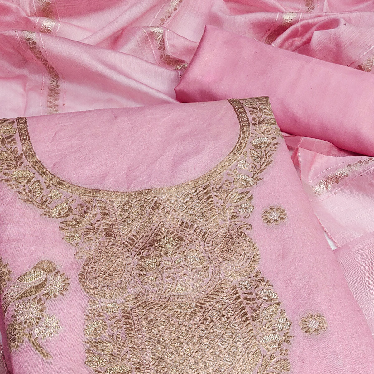 Baby Pink Banarasi Silk Dress Material With Classic Zari Design