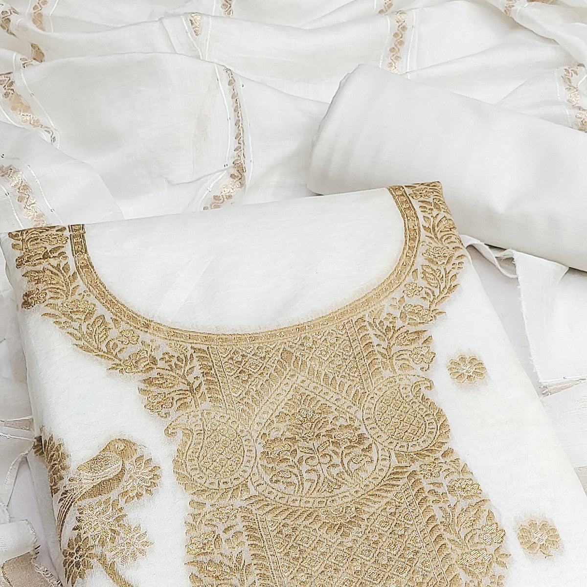 White Banarasi Silk Dress Material With Classic Zari Design