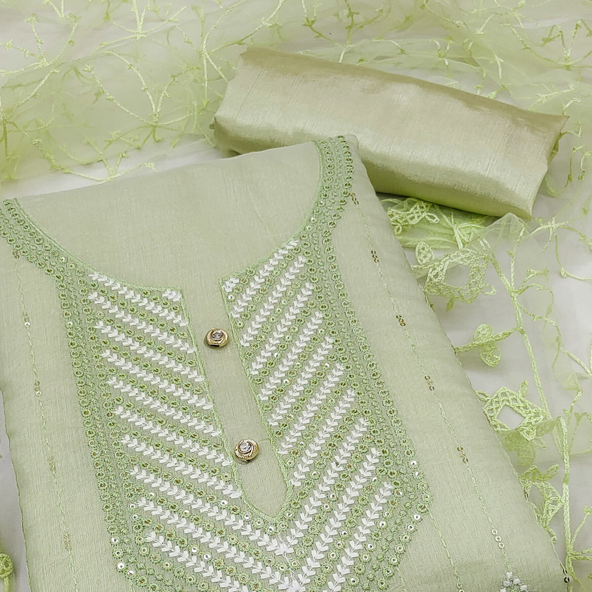 Shimmering Green Sequins Embroidered Chander Cotton Suit Material