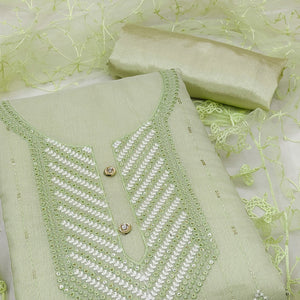 Shimmering Green Sequins Embroidered Chander Cotton Suit Material