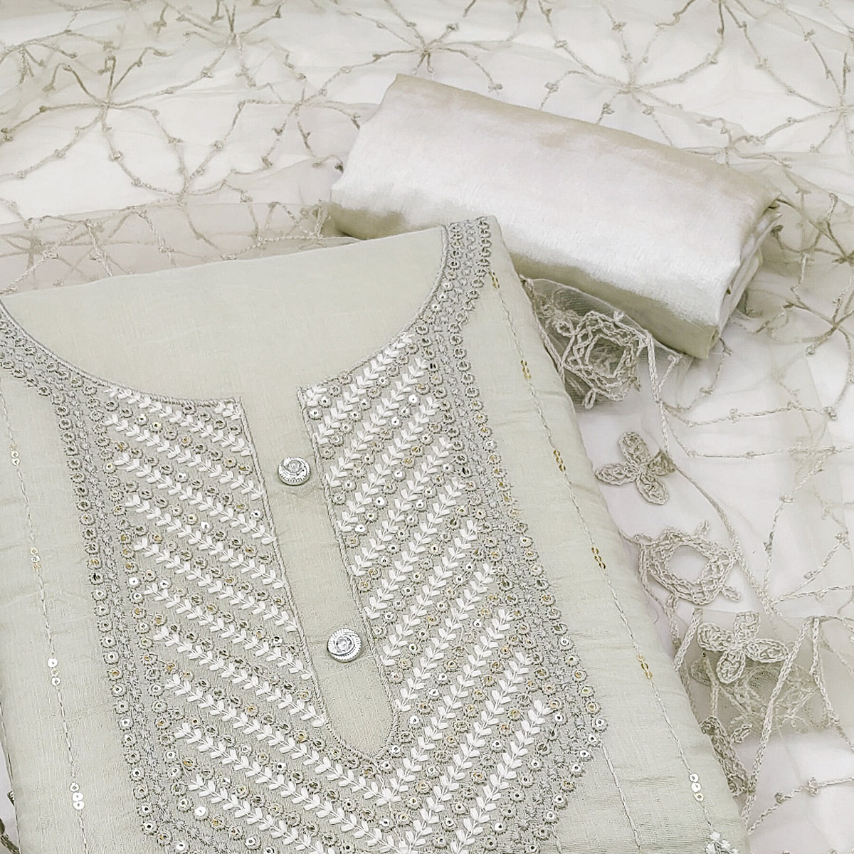Shimmering Grey Sequins Embroidered Chander Cotton Suit Material