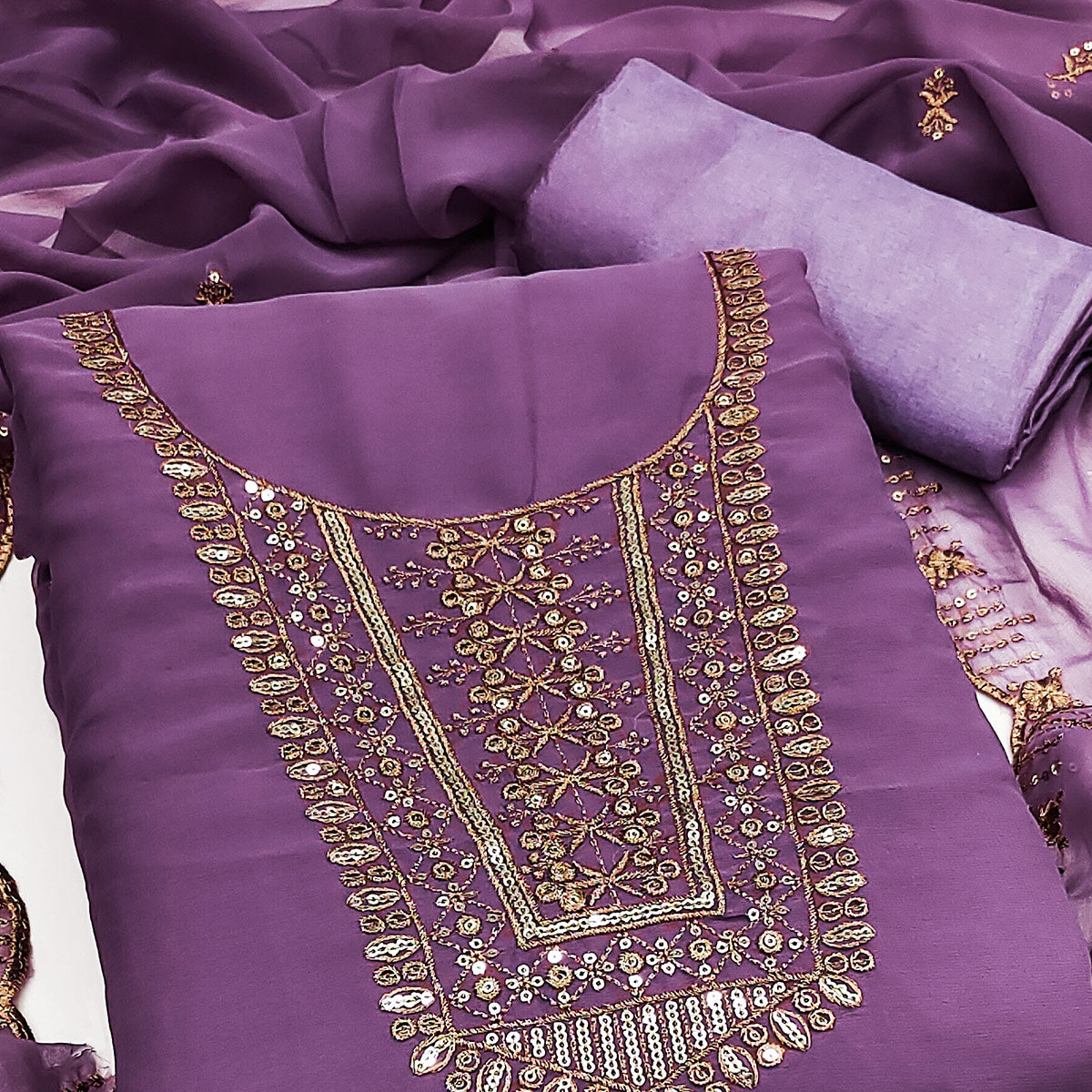 Lilac Purple Georgette Dress Material Featuring Floral Sequins Embroidery