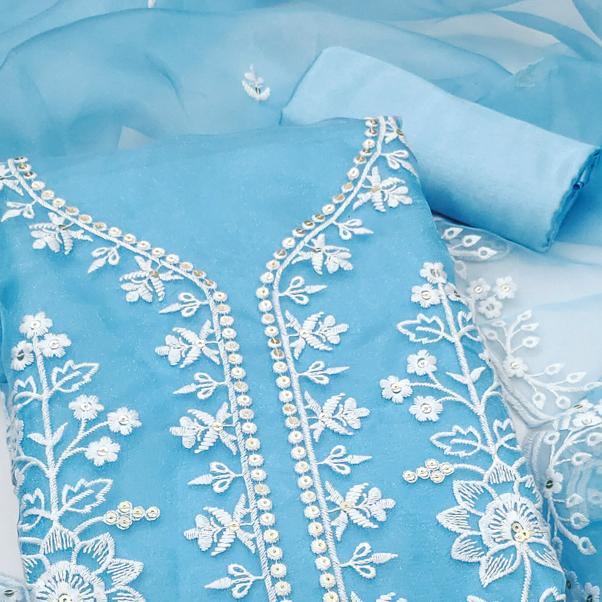 Blue Floral Embroidered Work Dress Material With Shimmering Sequin Detailing