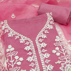 Pink Floral Embroidered Work Dress Material With Shimmering Sequin Detailing