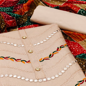 Cream Cotton Blend Dress Material With Intricate Thread Embroidery & Paper Mirror Work