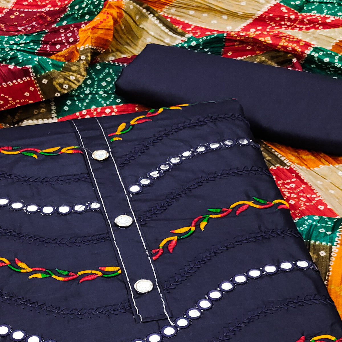 Navy Blue Cotton Blend Dress Material With Intricate Thread Embroidery & Paper Mirror Work