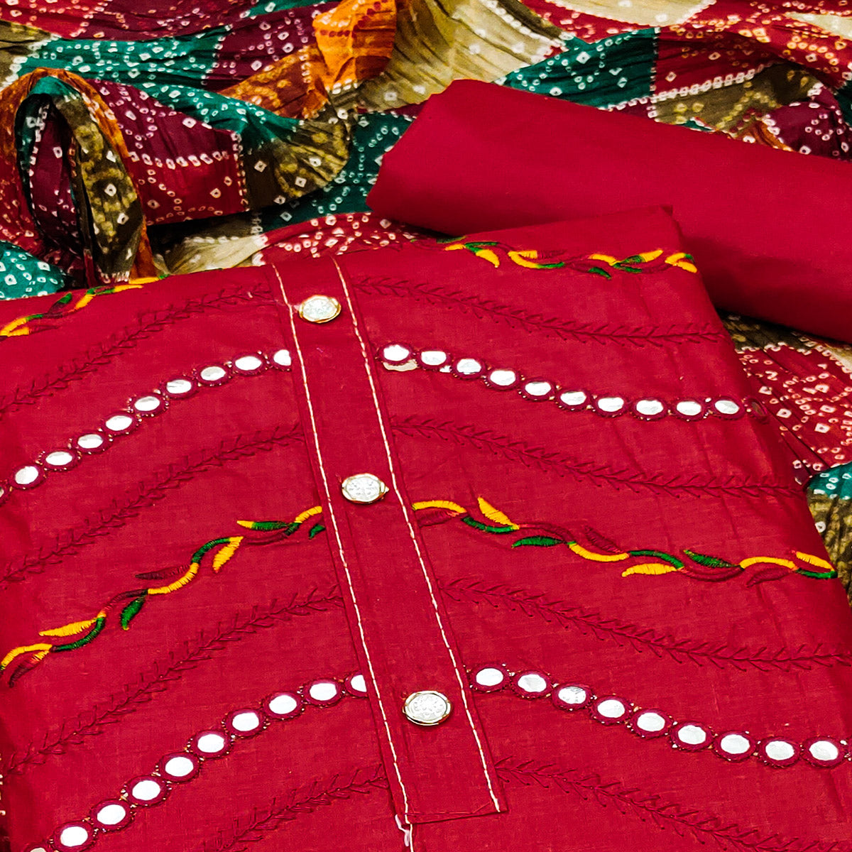 Red Cotton Blend Dress Material With Intricate Thread Embroidery & Paper Mirror Work