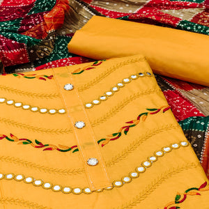 Yellow Cotton Blend Dress Material With Intricate Thread Embroidery & Paper Mirror Work