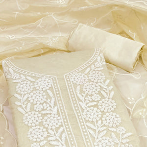 Cream Chanderi Silk Dress Material With Exquisite Floral Thread Embroidery