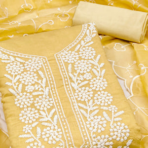 Yellow Chanderi Silk Dress Material With Exquisite Floral Thread Embroidery