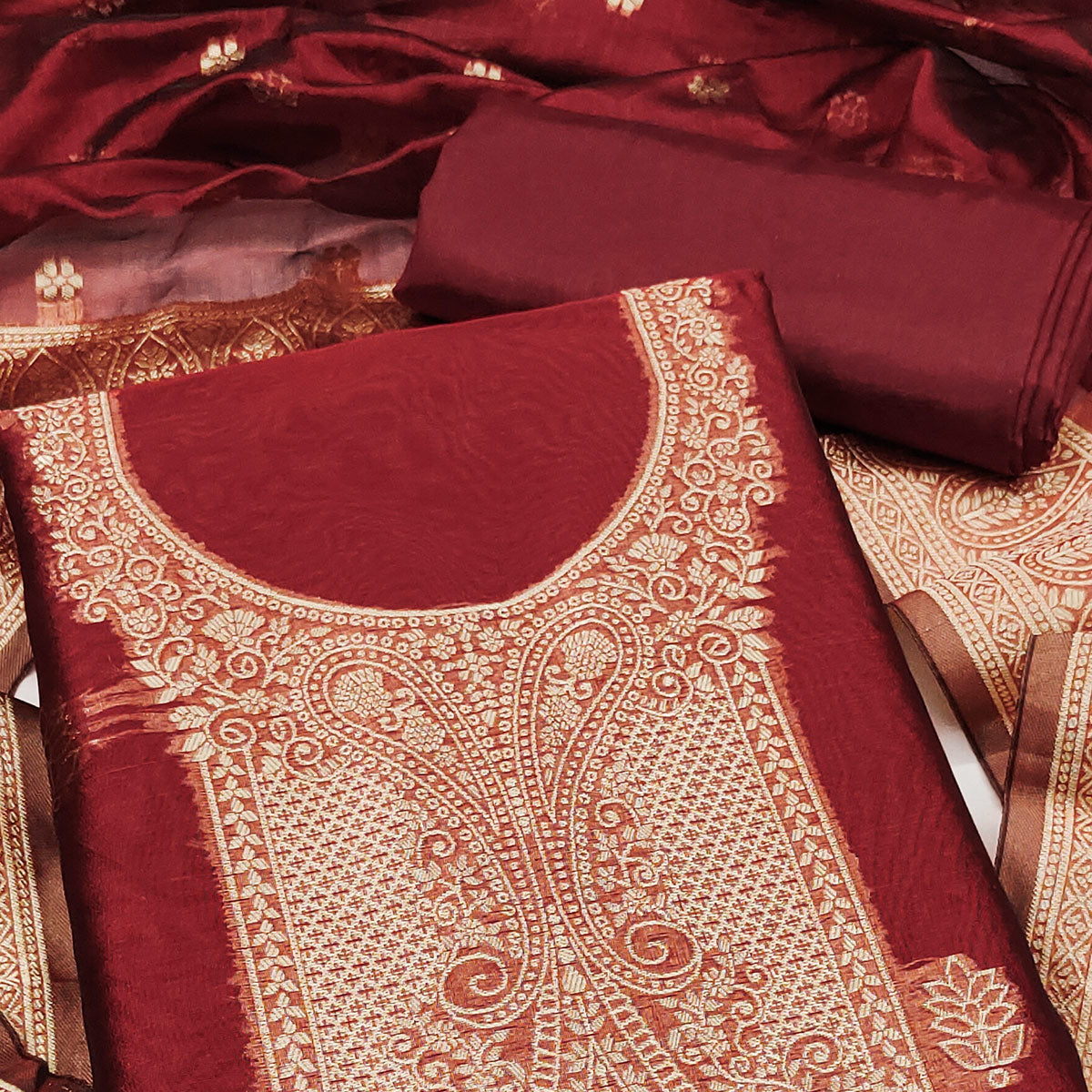 Maroon Zari Floral Jacquard Weaving on Shimmer Silk Dress Material