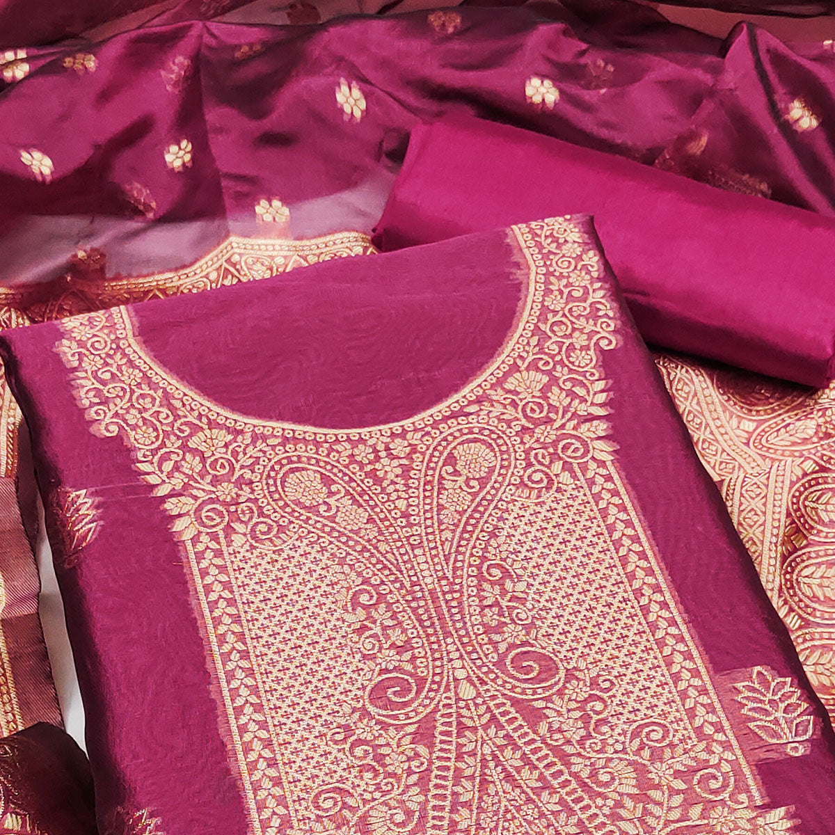 Wine Zari Floral Jacquard Weaving on Shimmer Silk Dress Material