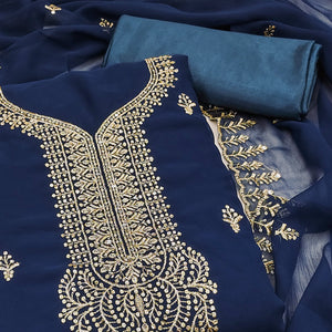 Blue Georgette Dress Material Adorned With Floral Zari & Sequin Embroidery