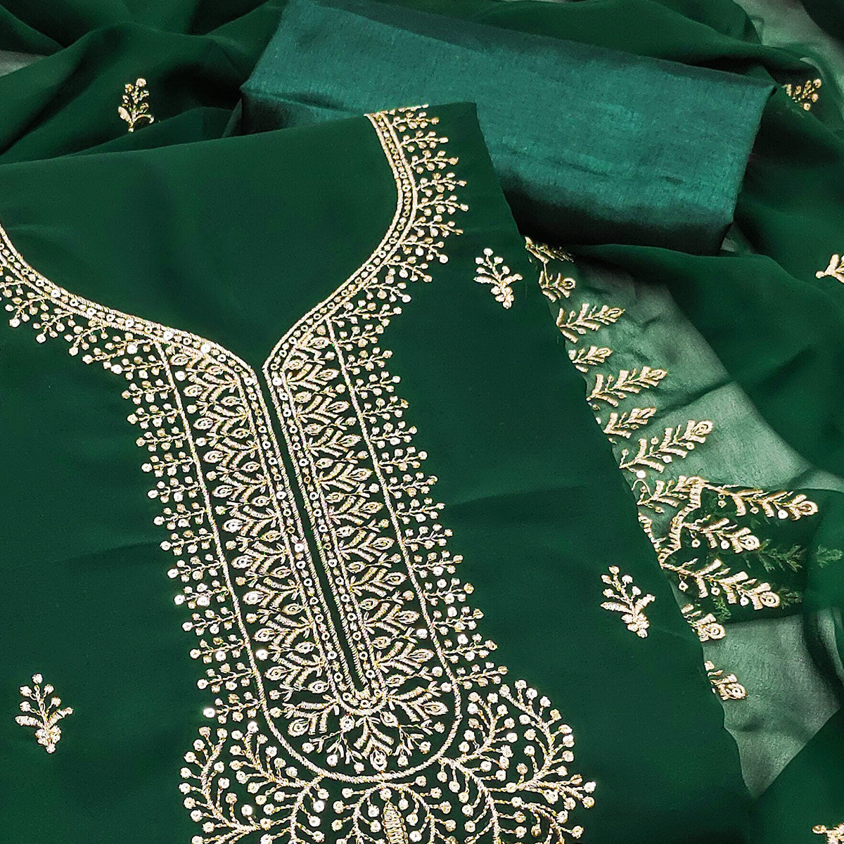 Green Georgette Dress Material Adorned With Floral Zari & Sequin Embroidery