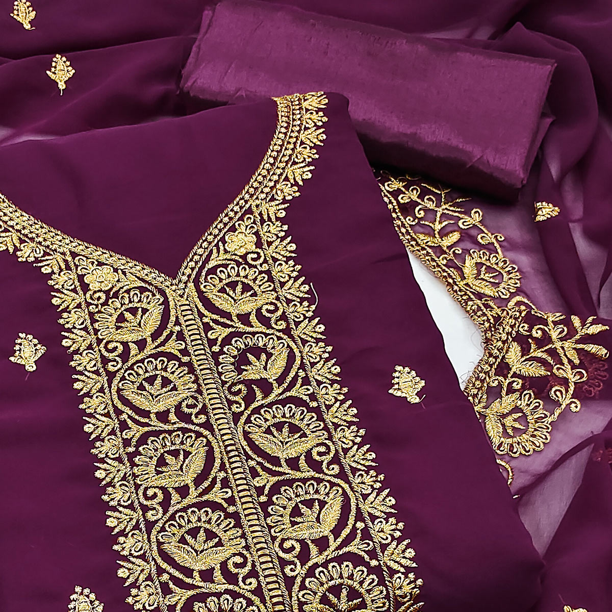 Wine Georgette Dress Material With Intricate Floral Zari Embroidery