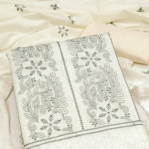 Cream Cotton Blend Dress Material With Intricate Floral Thread Embroidery Work