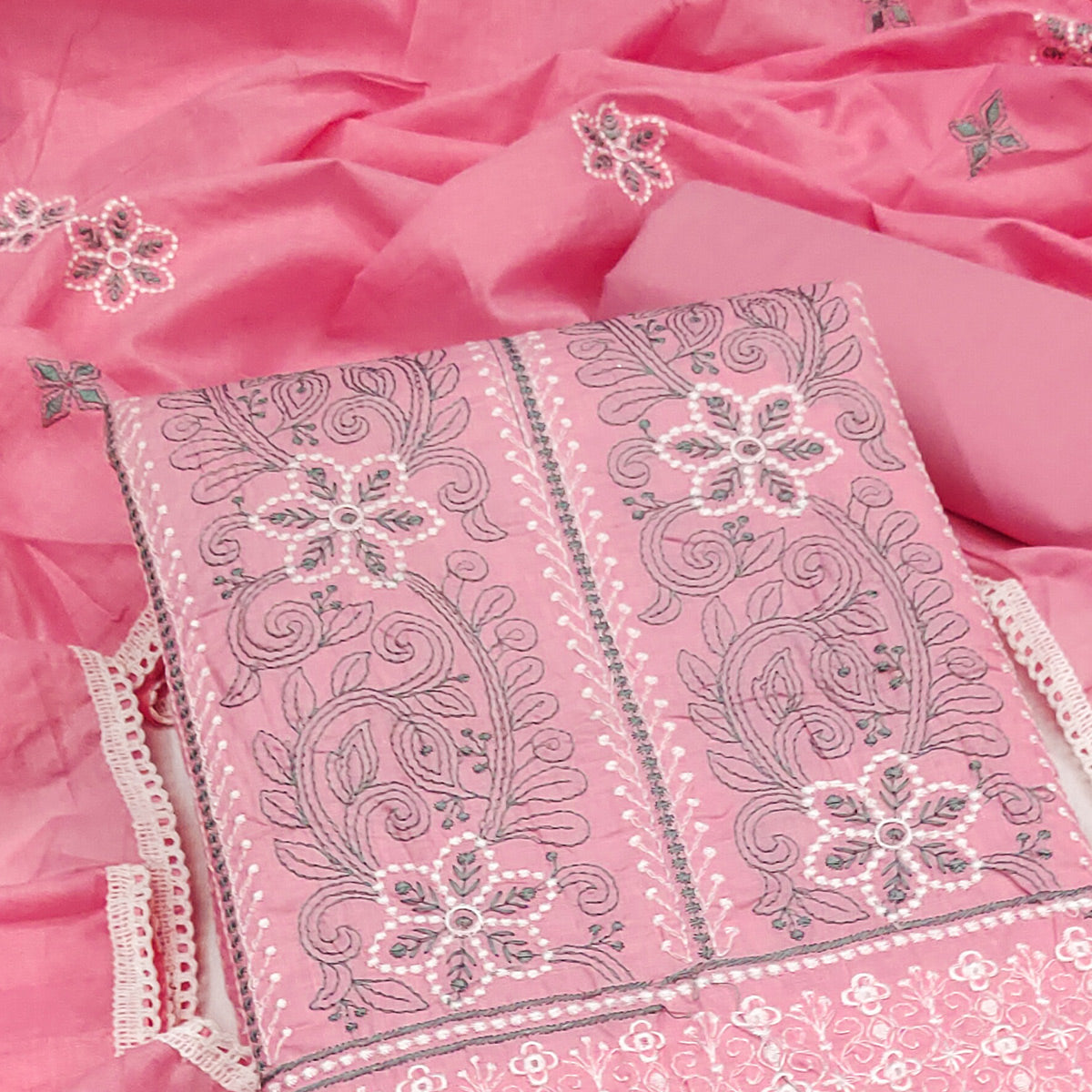 Pink Cotton Blend Dress Material With Intricate Floral Thread Embroidery Work