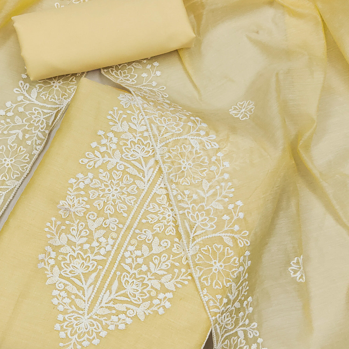 Light Yellow Floral Embroidered Chanderi Silk Dress Material For Graceful Styling