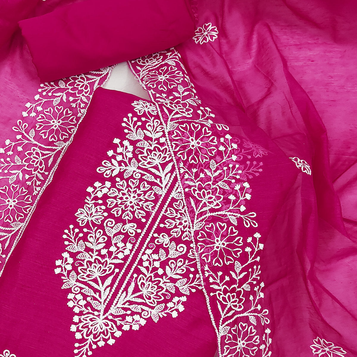 Rani Pink Floral Embroidered Chanderi Silk Dress Material For Graceful Styling