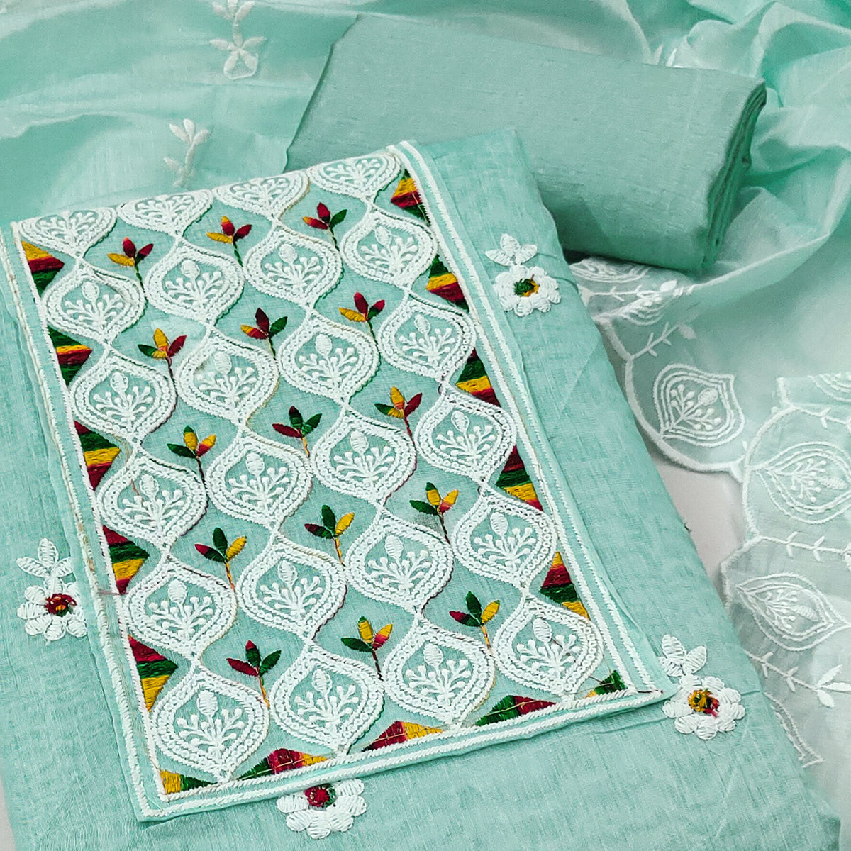 Sea Green Chanderi Cotton Suit Material with Graceful Embroidery