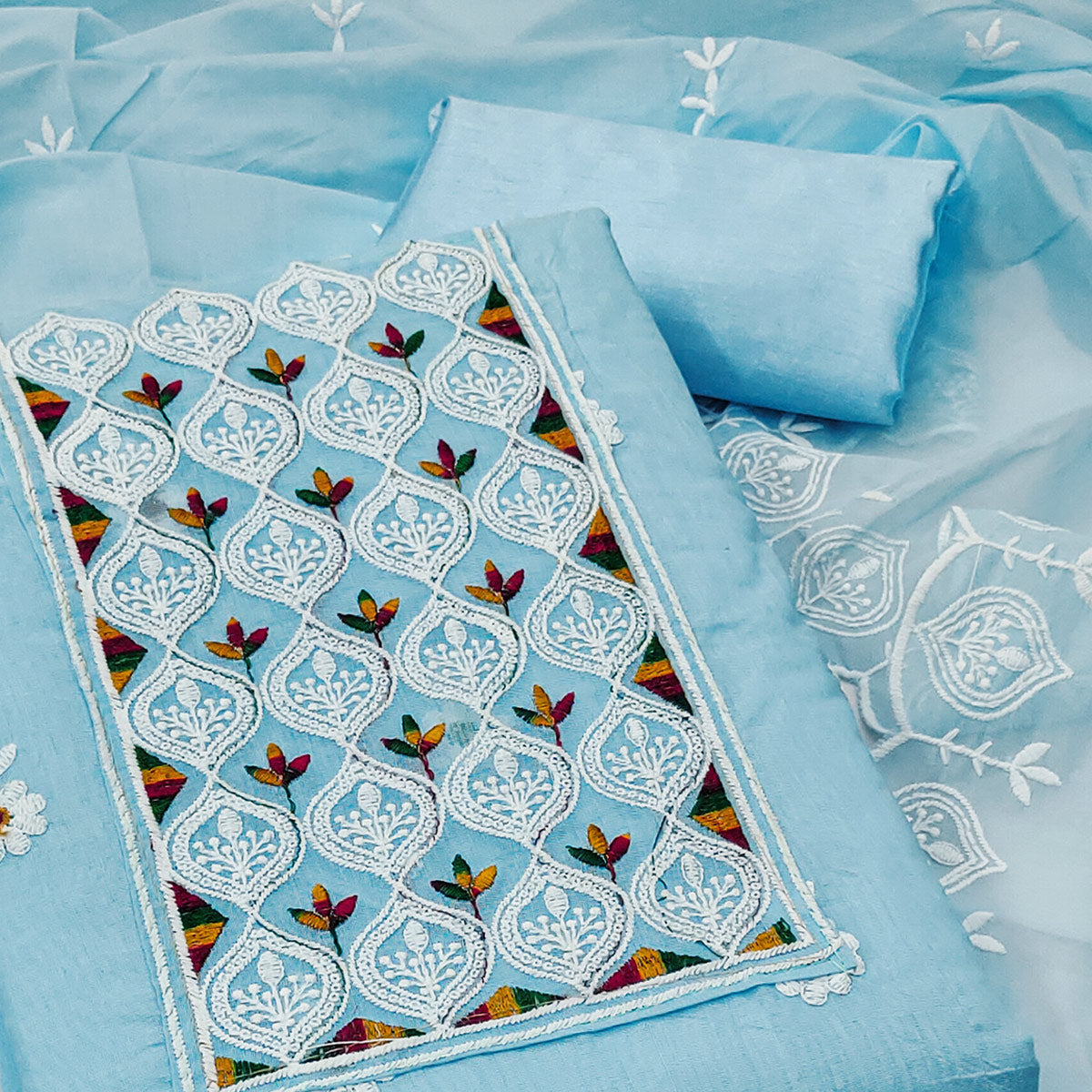 Sky Blue Chanderi Cotton Suit Material with Graceful Embroidery