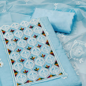 Sky Blue Chanderi Cotton Suit Material with Graceful Embroidery