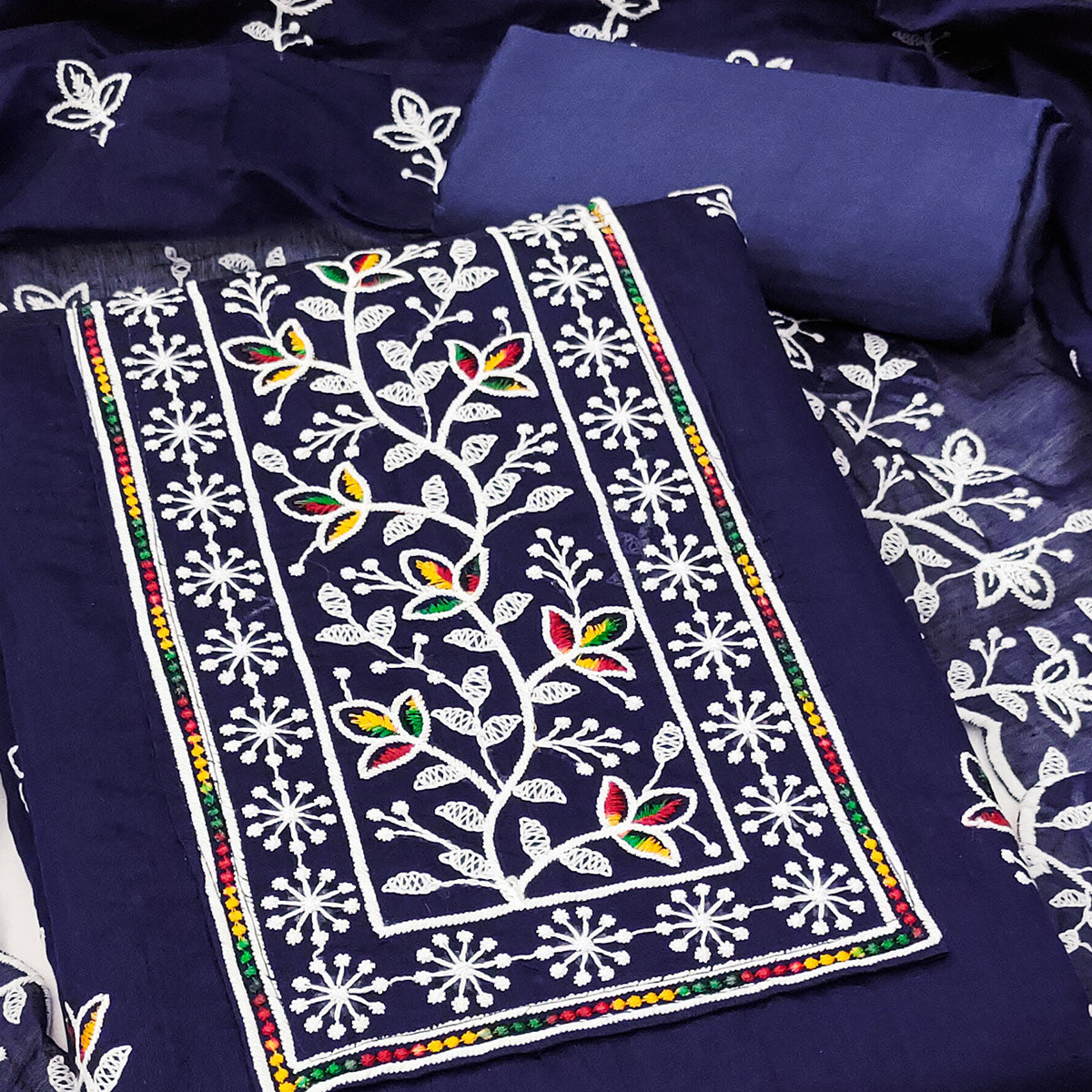 Navy Blue Embroidered Floral Chanderi Cotton Material for Elegant Dressing