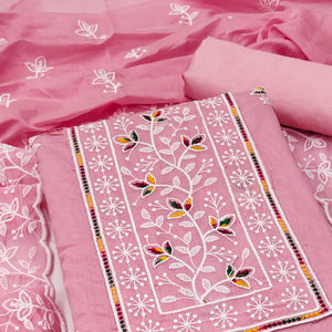 Pink Embroidered Floral Chanderi Cotton Material for Elegant Dressing